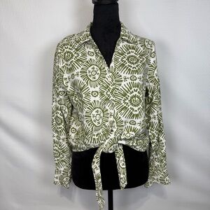 Haute Hippie Sunburst Pattern Linen Blend Large Tie-Front Button Blouse Green